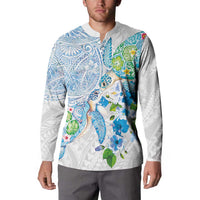 Hawaiian Couple Turtles Honi Button Sweatshirt Polynesian Art Motifs and Hibiscus White Blue Color - Polynesian Pride