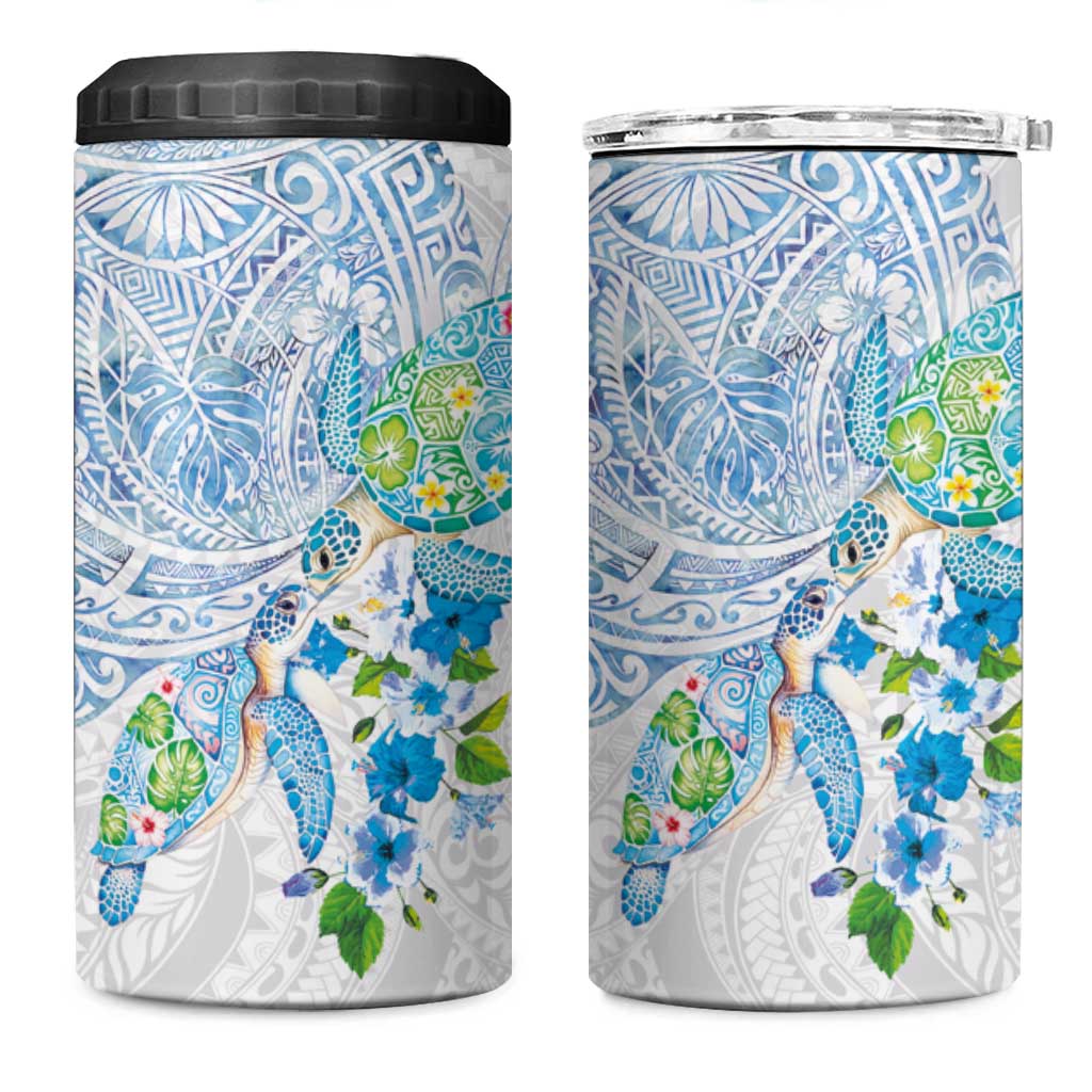 Hawaiian Couple Turtles Honi 4 in 1 Can Cooler Tumbler Polynesian Art Motifs and Hibiscus White Blue Color - Polynesian Pride