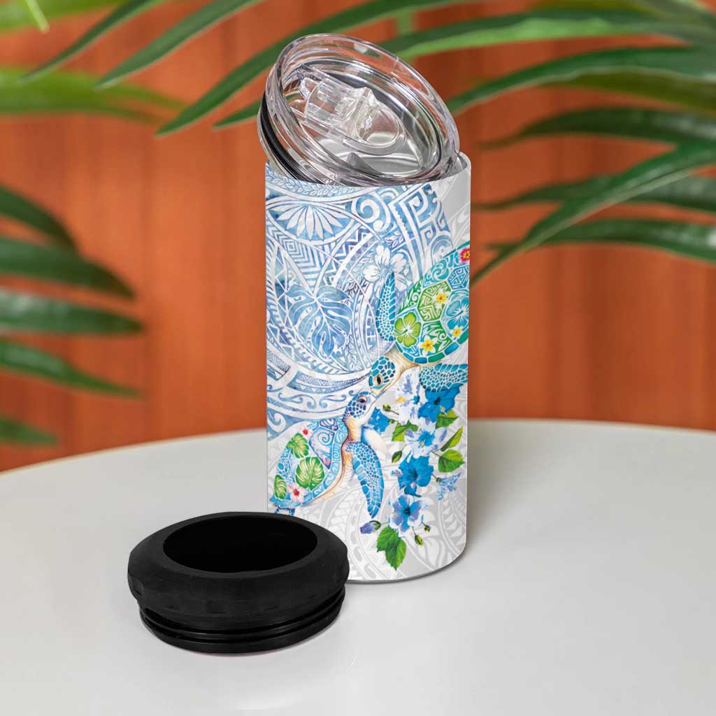 Hawaiian Couple Turtles Honi 4 in 1 Can Cooler Tumbler Polynesian Art Motifs and Hibiscus White Blue Color - Polynesian Pride