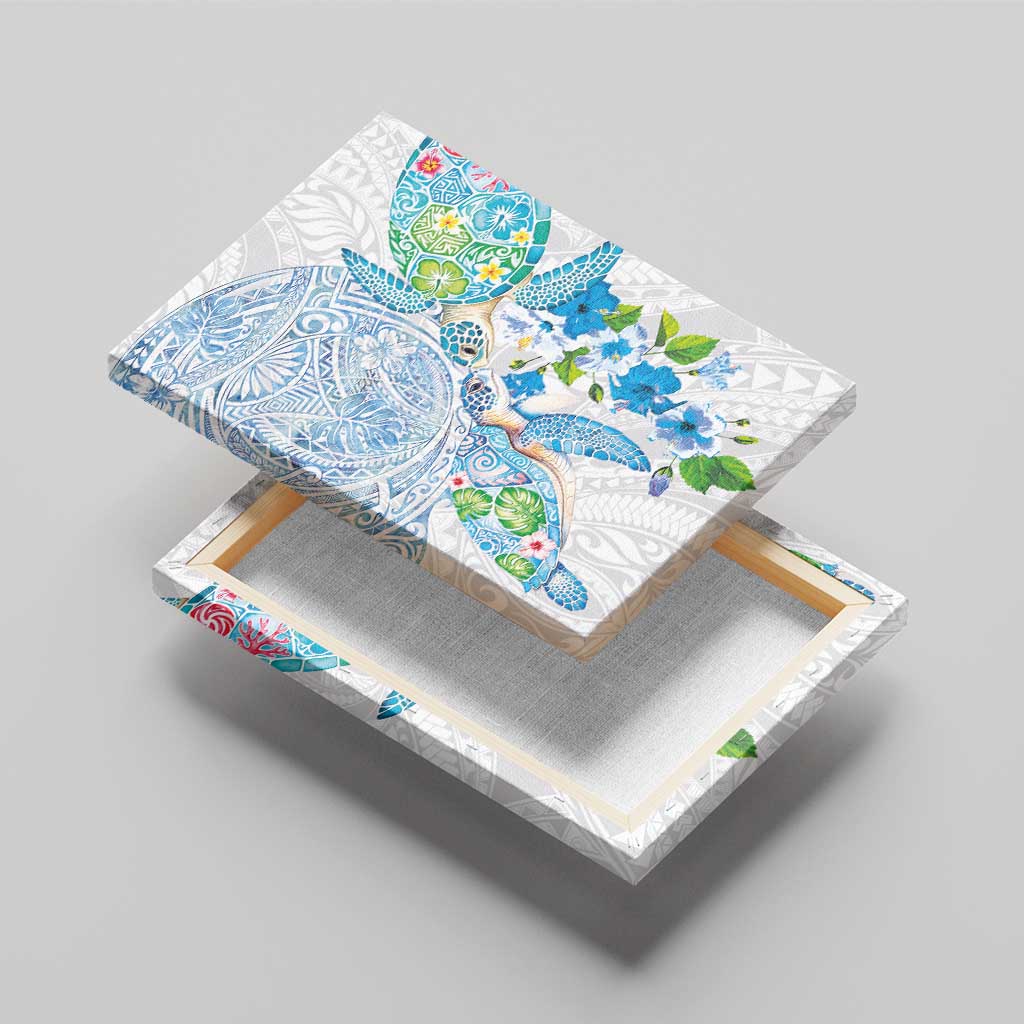 Hawaiian Couple Turtles Honi Canvas Wall Art Polynesian Art Motifs and Hibiscus White Blue Color - Polynesian Pride