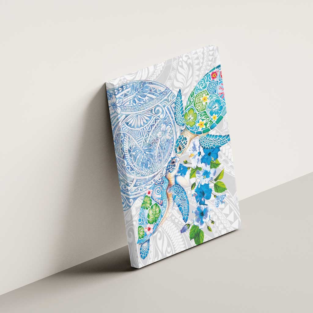 Hawaiian Couple Turtles Honi Canvas Wall Art Polynesian Art Motifs and Hibiscus White Blue Color - Polynesian Pride