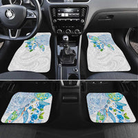 Hawaiian Couple Turtles Honi Car Mats Polynesian Art Motifs and Hibiscus White Blue Color - Polynesian Pride
