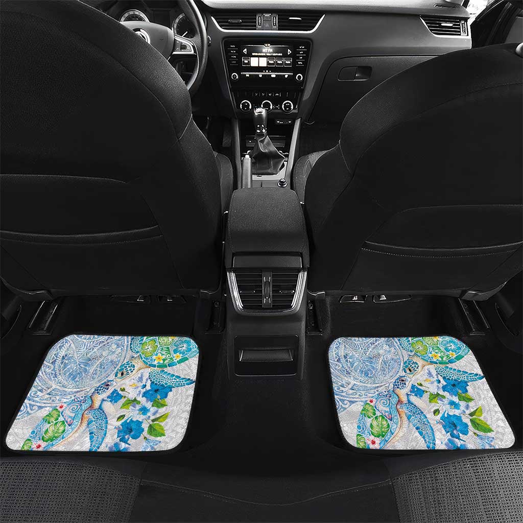 Hawaiian Couple Turtles Honi Car Mats Polynesian Art Motifs and Hibiscus White Blue Color - Polynesian Pride