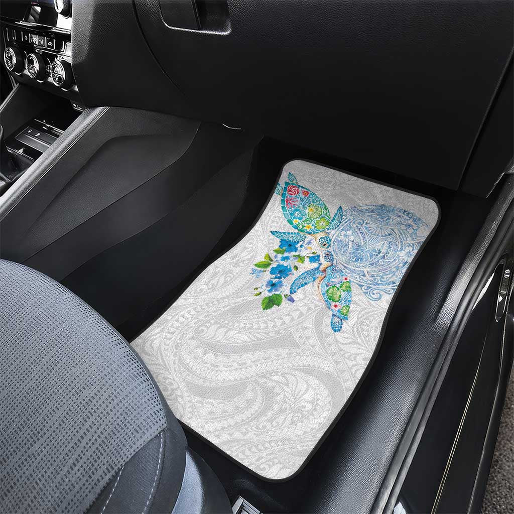 Hawaiian Couple Turtles Honi Car Mats Polynesian Art Motifs and Hibiscus White Blue Color - Polynesian Pride