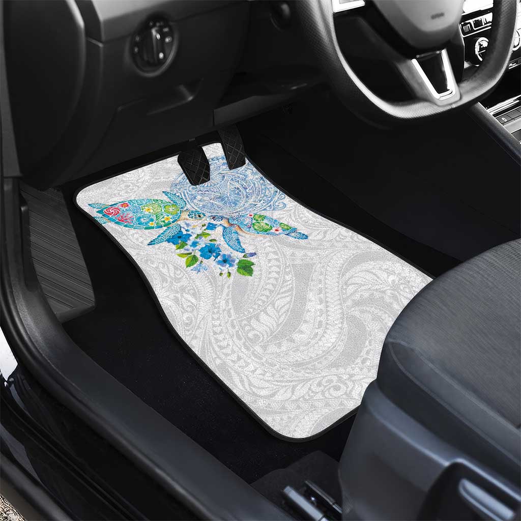 Hawaiian Couple Turtles Honi Car Mats Polynesian Art Motifs and Hibiscus White Blue Color - Polynesian Pride