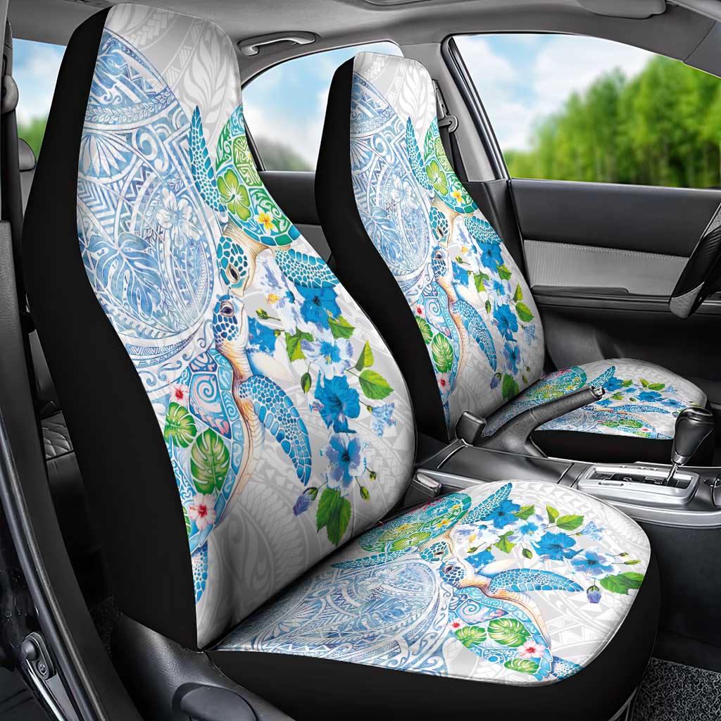 Hawaiian Couple Turtles Honi Car Seat Cover Polynesian Art Motifs and Hibiscus White Blue Color - Polynesian Pride