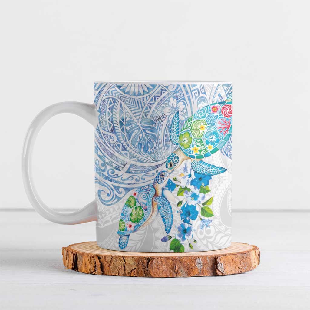 Hawaiian Couple Turtles Honi Ceramic Mug Polynesian Art Motifs and Hibiscus White Blue Color - Polynesian Pride
