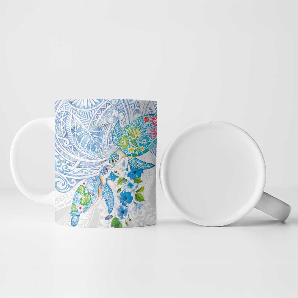 Hawaiian Couple Turtles Honi Ceramic Mug Polynesian Art Motifs and Hibiscus White Blue Color - Polynesian Pride