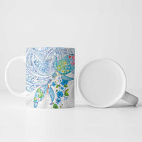 Hawaiian Couple Turtles Honi Ceramic Mug Polynesian Art Motifs and Hibiscus White Blue Color - Polynesian Pride