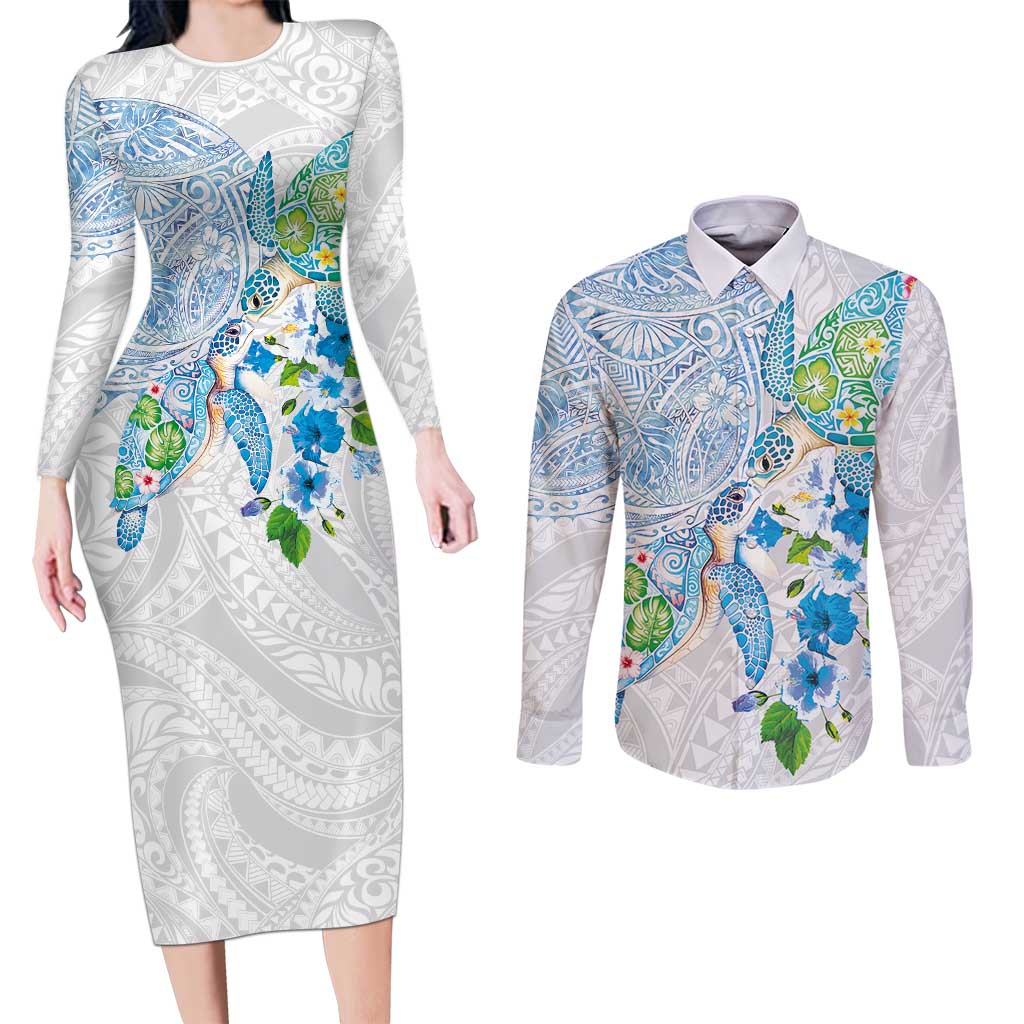 Hawaiian Couple Turtles Honi Couples Matching Long Sleeve Bodycon Dress and Long Sleeve Button Shirt Polynesian Art Motifs and Hibiscus White Blue Color - Polynesian Pride