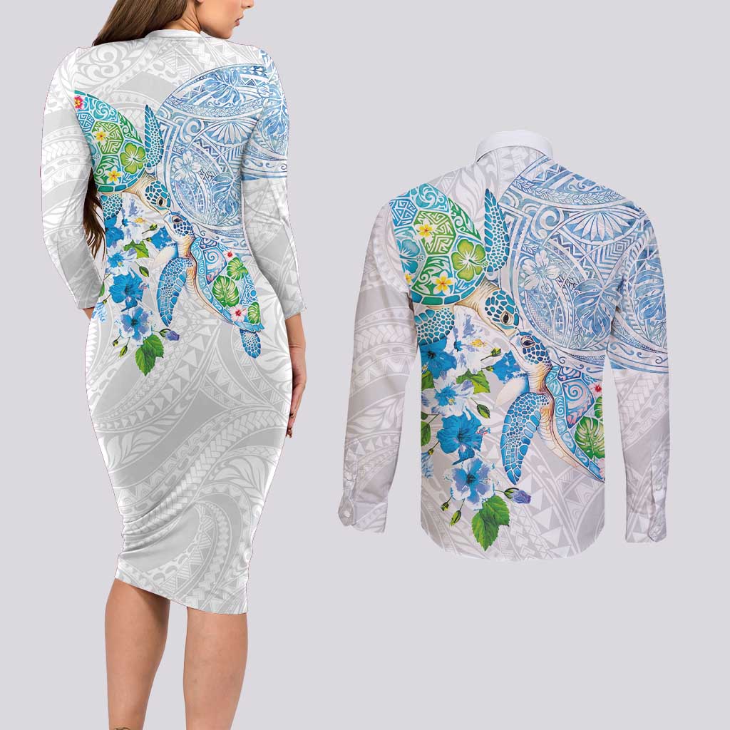 Hawaiian Couple Turtles Honi Couples Matching Long Sleeve Bodycon Dress and Long Sleeve Button Shirt Polynesian Art Motifs and Hibiscus White Blue Color - Polynesian Pride