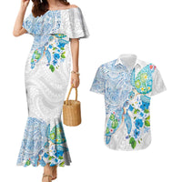 Hawaiian Couple Turtles Honi Couples Matching Mermaid Dress and Hawaiian Shirt Polynesian Art Motifs and Hibiscus White Blue Color - Polynesian Pride