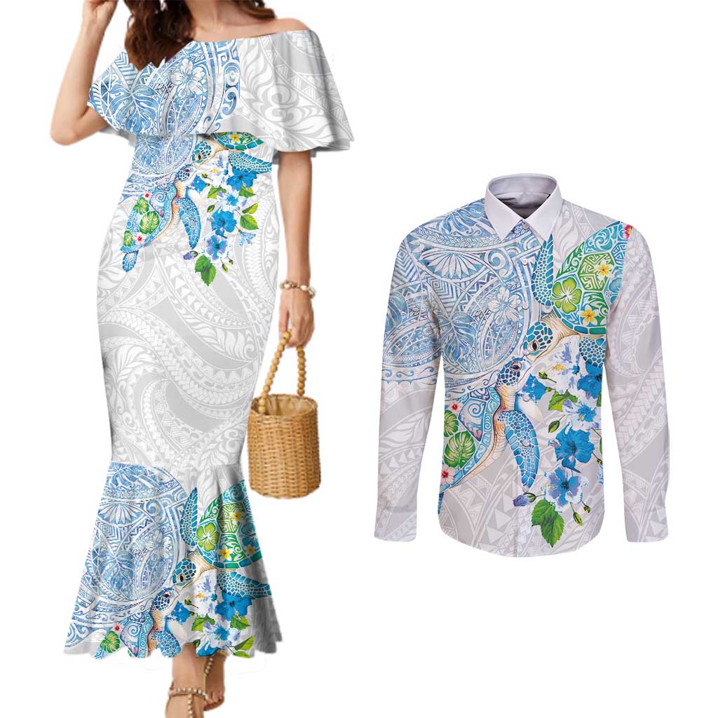 Hawaiian Couple Turtles Honi Couples Matching Mermaid Dress and Long Sleeve Button Shirt Polynesian Art Motifs and Hibiscus White Blue Color - Polynesian Pride