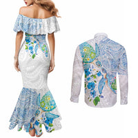 Hawaiian Couple Turtles Honi Couples Matching Mermaid Dress and Long Sleeve Button Shirt Polynesian Art Motifs and Hibiscus White Blue Color - Polynesian Pride