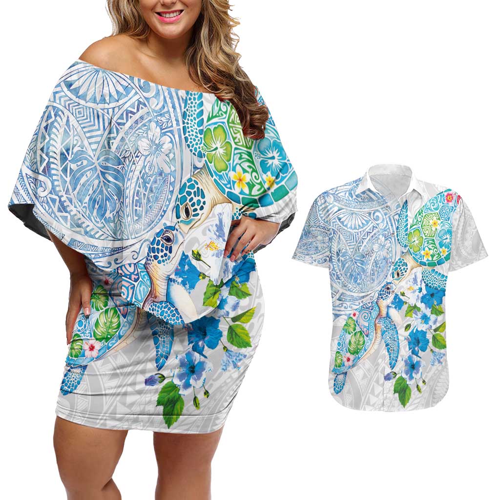Hawaiian Couple Turtles Honi Couples Matching Off Shoulder Short Dress and Hawaiian Shirt Polynesian Art Motifs and Hibiscus White Blue Color - Polynesian Pride