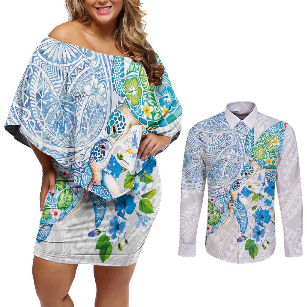 Hawaiian Couple Turtles Honi Couples Matching Off Shoulder Short Dress and Long Sleeve Button Shirt Polynesian Art Motifs and Hibiscus White Blue Color - Polynesian Pride