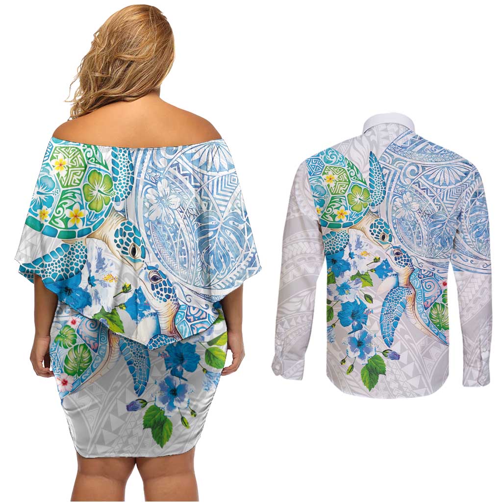 Hawaiian Couple Turtles Honi Couples Matching Off Shoulder Short Dress and Long Sleeve Button Shirt Polynesian Art Motifs and Hibiscus White Blue Color - Polynesian Pride