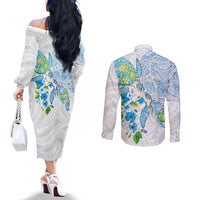 Hawaiian Couple Turtles Honi Couples Matching Off The Shoulder Long Sleeve Dress and Long Sleeve Button Shirt Polynesian Art Motifs and Hibiscus White Blue Color - Polynesian Pride
