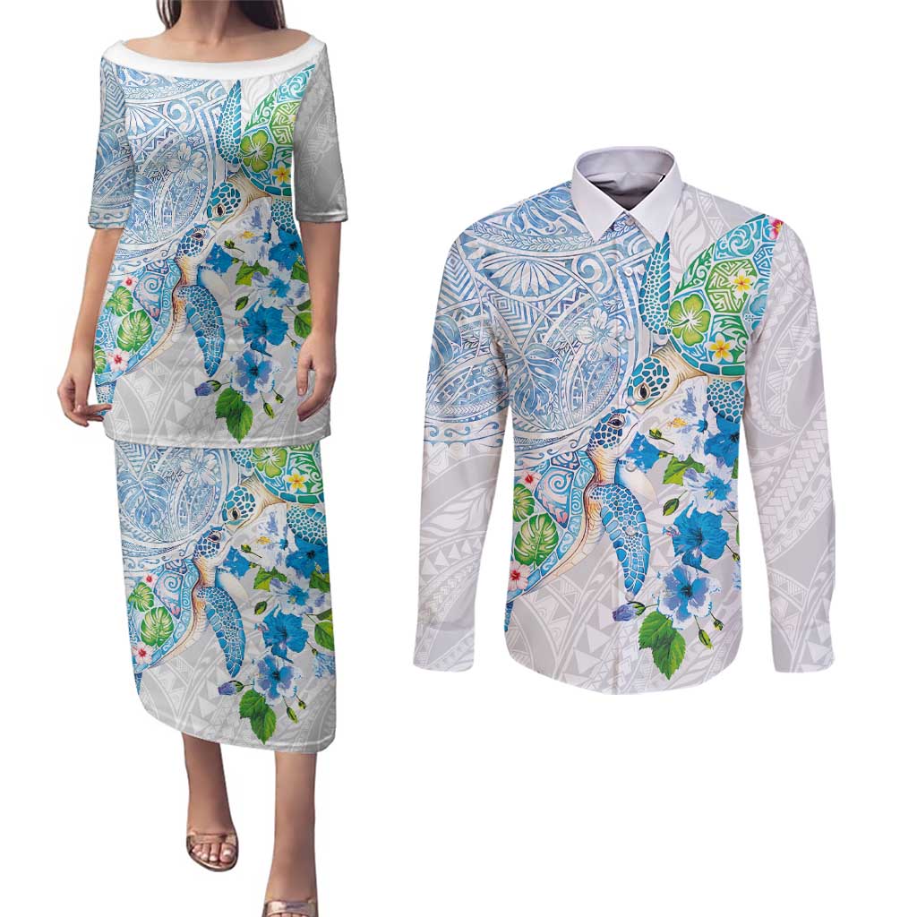 Hawaiian Couple Turtles Honi Couples Matching Puletasi and Long Sleeve Button Shirt Polynesian Art Motifs and Hibiscus White Blue Color - Polynesian Pride