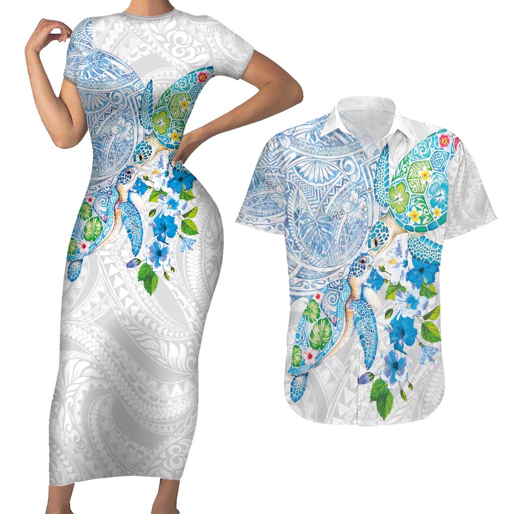 Hawaiian Couple Turtles Honi Couples Matching Short Sleeve Bodycon Dress and Hawaiian Shirt Polynesian Art Motifs and Hibiscus White Blue Color - Polynesian Pride