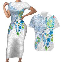 Hawaiian Couple Turtles Honi Couples Matching Short Sleeve Bodycon Dress and Hawaiian Shirt Polynesian Art Motifs and Hibiscus White Blue Color - Polynesian Pride