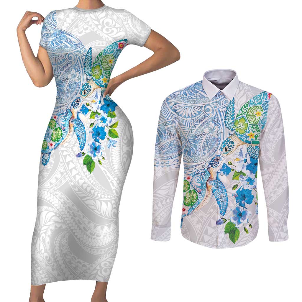 Hawaiian Couple Turtles Honi Couples Matching Short Sleeve Bodycon Dress and Long Sleeve Button Shirt Polynesian Art Motifs and Hibiscus White Blue Color - Polynesian Pride