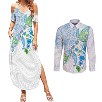 Hawaiian Couple Turtles Honi Couples Matching Summer Maxi Dress and Long Sleeve Button Shirt Polynesian Art Motifs and Hibiscus White Blue Color - Polynesian Pride