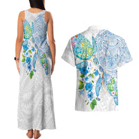 Hawaiian Couple Turtles Honi Couples Matching Tank Maxi Dress and Hawaiian Shirt Polynesian Art Motifs and Hibiscus White Blue Color - Polynesian Pride