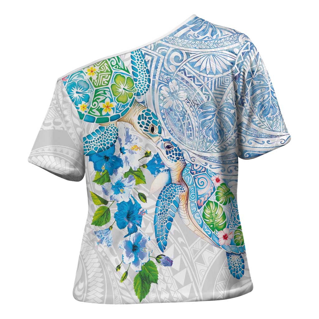 Hawaiian Couple Turtles Honi Cross Shoulder Shirt Polynesian Art Motifs and Hibiscus White Blue Color - Polynesian Pride