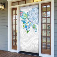 Hawaiian Couple Turtles Honi Door Cover Polynesian Art Motifs and Hibiscus White Blue Color - Polynesian Pride