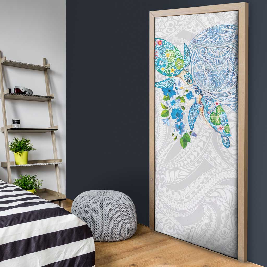 Hawaiian Couple Turtles Honi Door Cover Polynesian Art Motifs and Hibiscus White Blue Color - Polynesian Pride