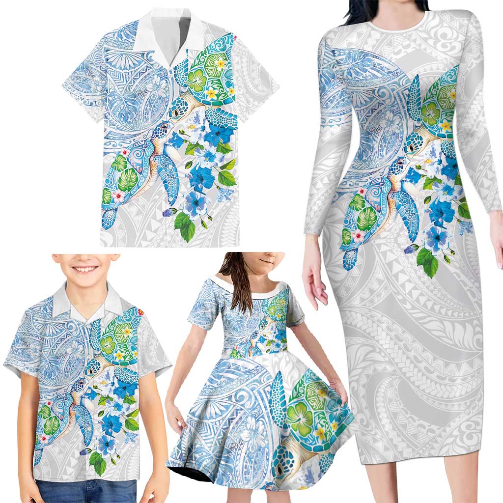 Hawaiian Couple Turtles Honi Family Matching Long Sleeve Bodycon Dress and Hawaiian Shirt Polynesian Art Motifs and Hibiscus White Blue Color - Polynesian Pride