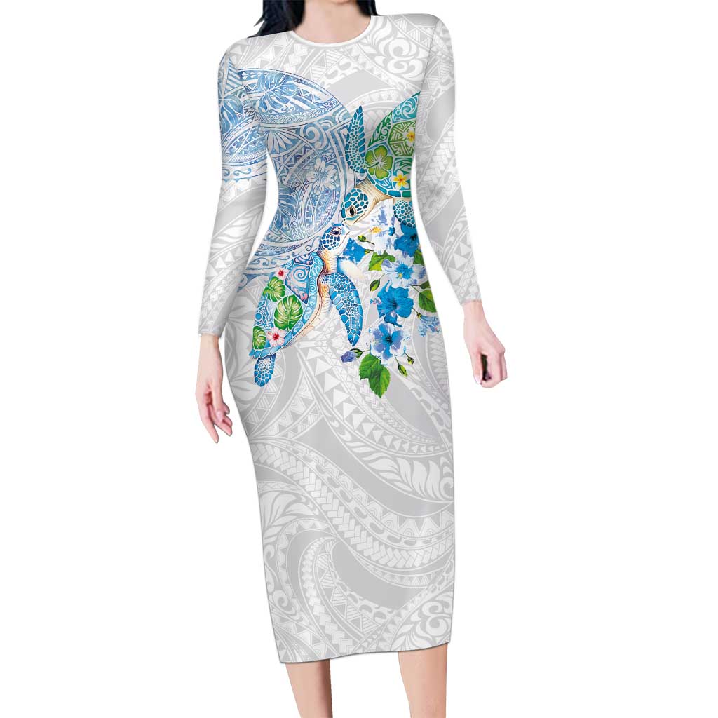 Hawaiian Couple Turtles Honi Family Matching Long Sleeve Bodycon Dress and Hawaiian Shirt Polynesian Art Motifs and Hibiscus White Blue Color - Polynesian Pride