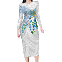 Hawaiian Couple Turtles Honi Family Matching Long Sleeve Bodycon Dress and Hawaiian Shirt Polynesian Art Motifs and Hibiscus White Blue Color - Polynesian Pride