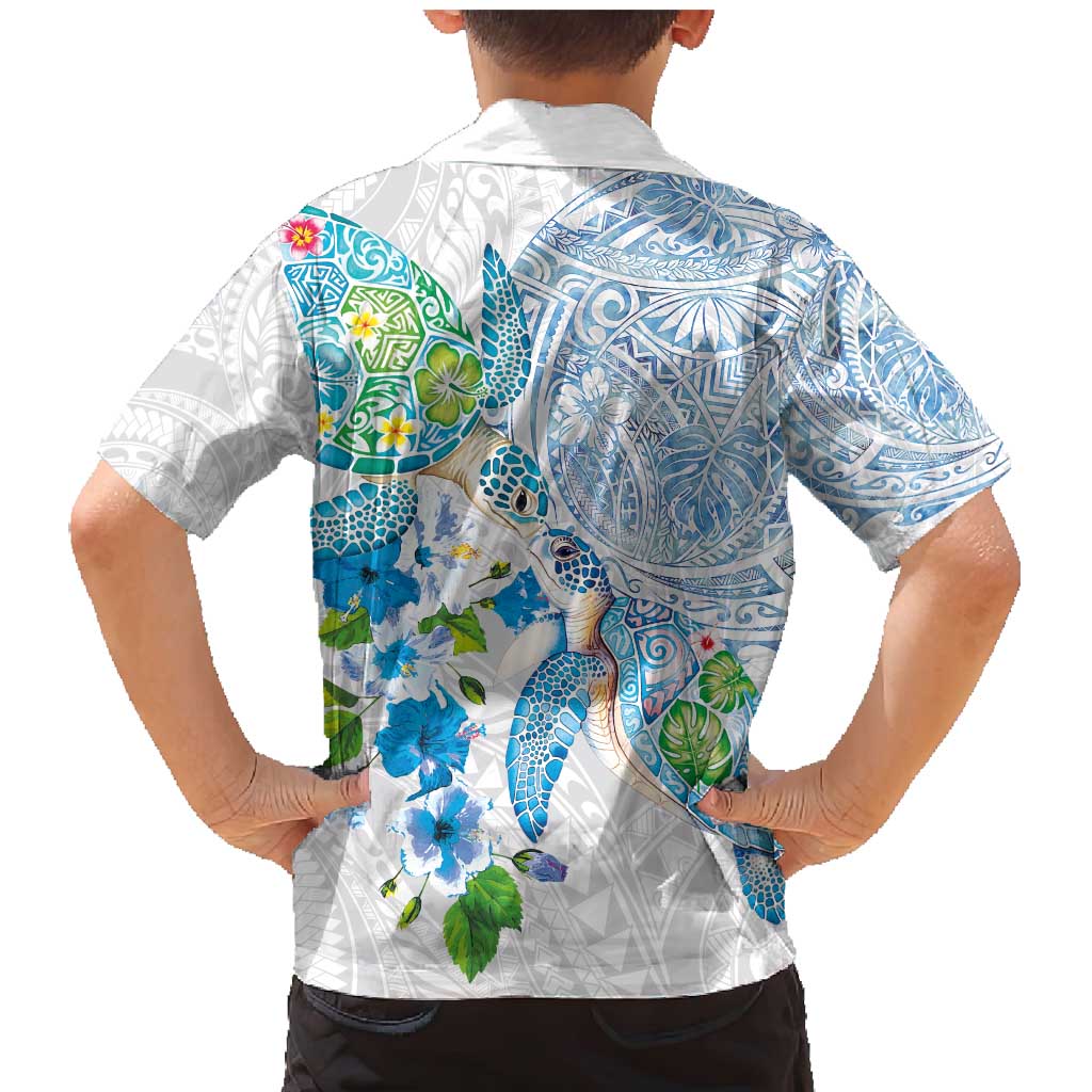 Hawaiian Couple Turtles Honi Family Matching Mermaid Dress and Hawaiian Shirt Polynesian Art Motifs and Hibiscus White Blue Color - Polynesian Pride
