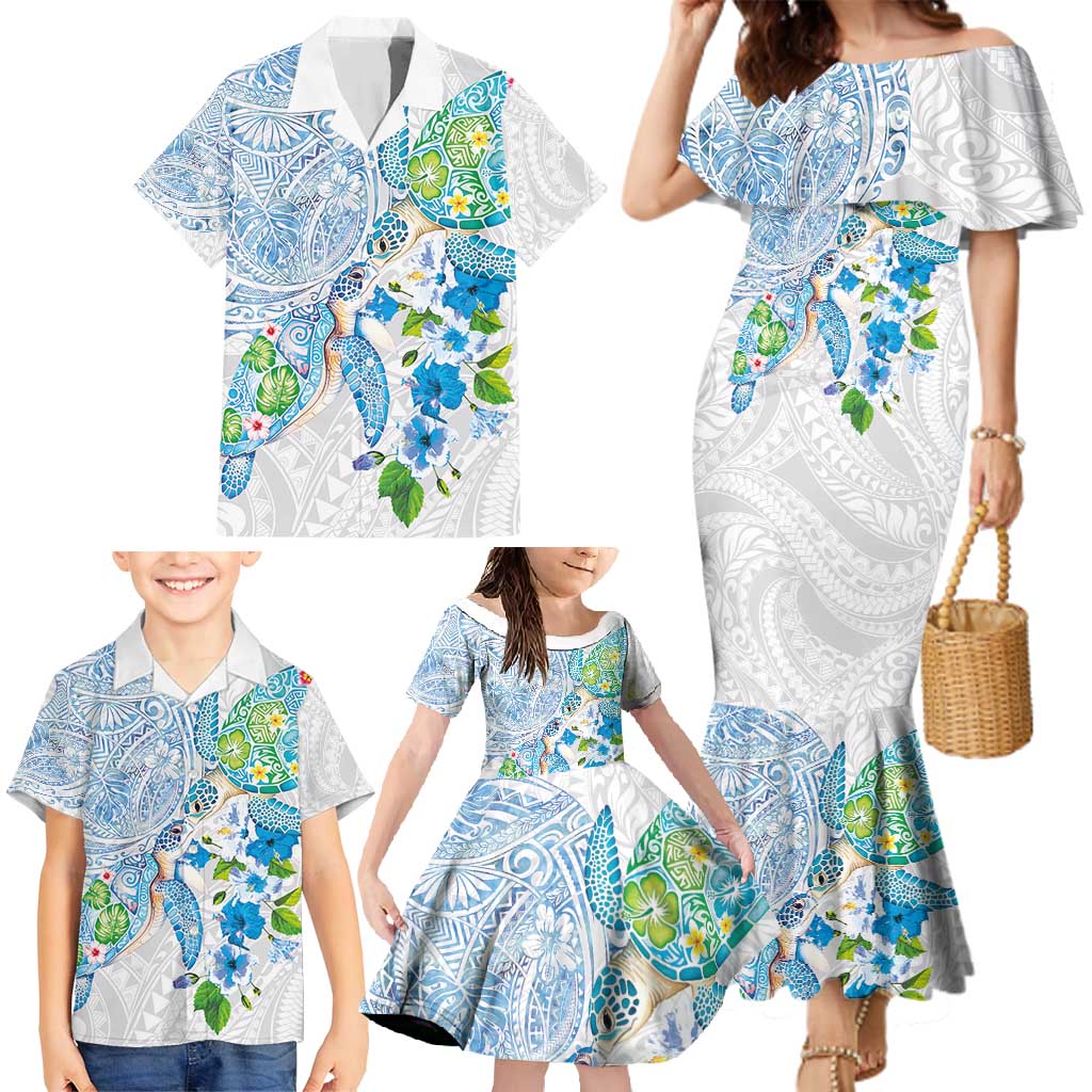 Hawaiian Couple Turtles Honi Family Matching Mermaid Dress and Hawaiian Shirt Polynesian Art Motifs and Hibiscus White Blue Color - Polynesian Pride