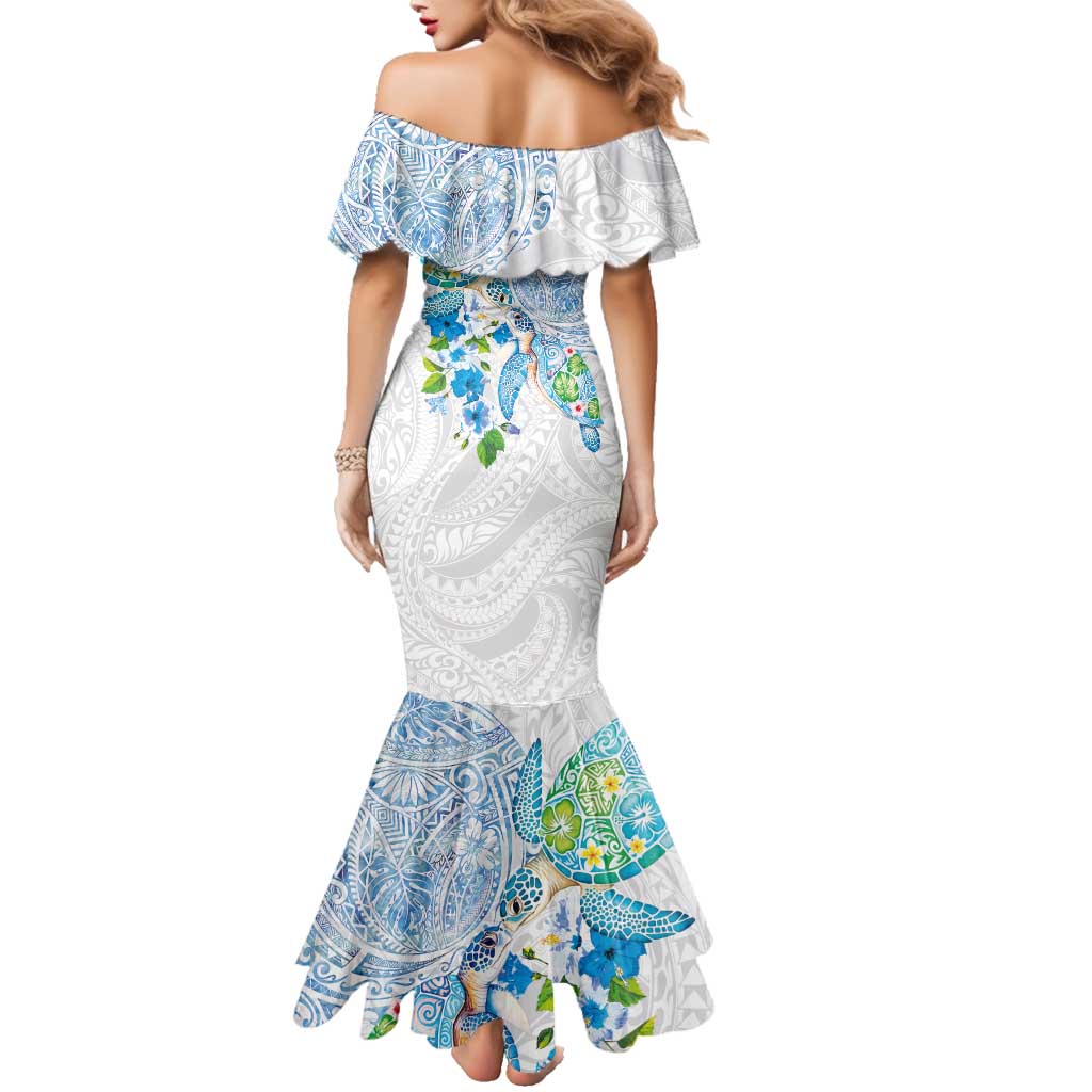 Hawaiian Couple Turtles Honi Family Matching Mermaid Dress and Hawaiian Shirt Polynesian Art Motifs and Hibiscus White Blue Color - Polynesian Pride