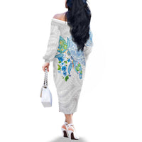 Hawaiian Couple Turtles Honi Family Matching Off The Shoulder Long Sleeve Dress and Hawaiian Shirt Polynesian Art Motifs and Hibiscus White Blue Color - Polynesian Pride