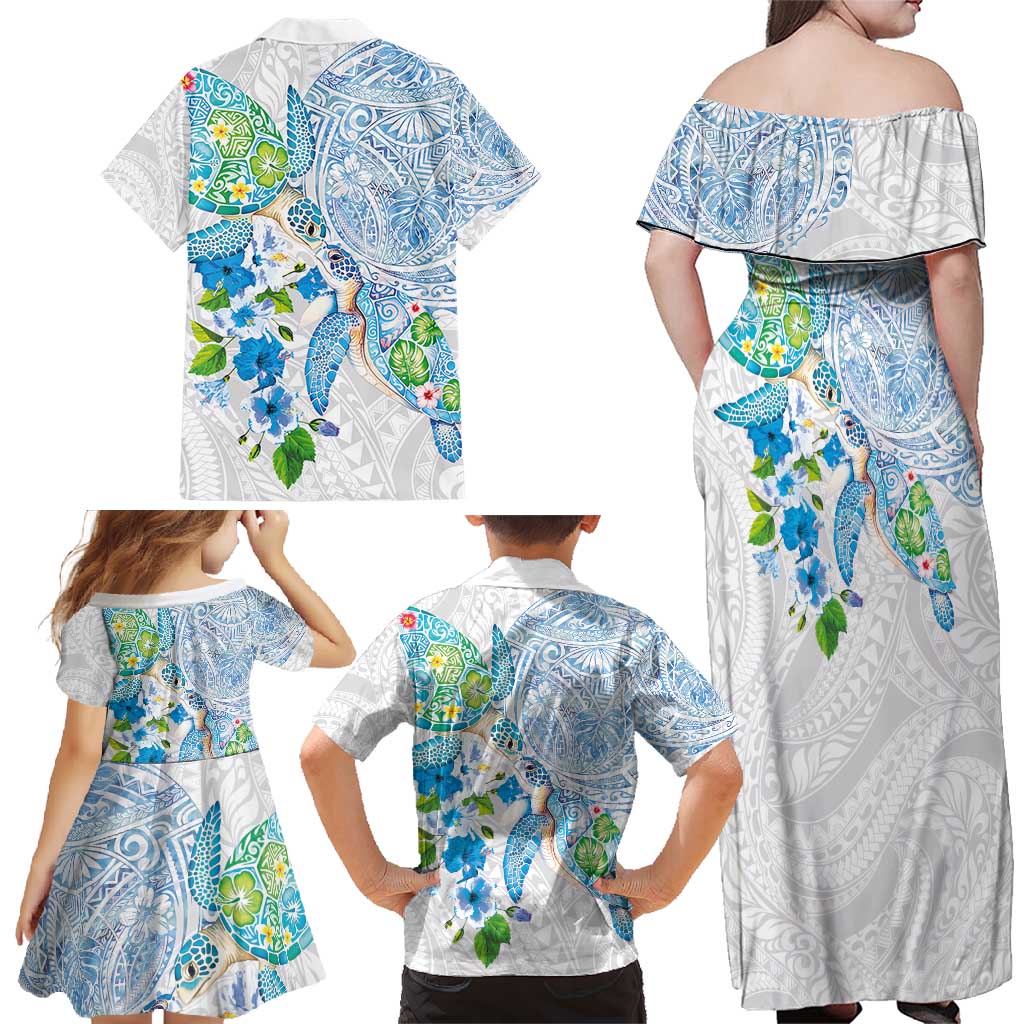 Hawaiian Couple Turtles Honi Family Matching Off Shoulder Maxi Dress and Hawaiian Shirt Polynesian Art Motifs and Hibiscus White Blue Color - Polynesian Pride
