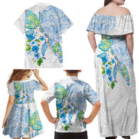 Hawaiian Couple Turtles Honi Family Matching Off Shoulder Maxi Dress and Hawaiian Shirt Polynesian Art Motifs and Hibiscus White Blue Color - Polynesian Pride