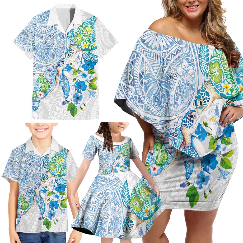 Hawaiian Couple Turtles Honi Family Matching Off Shoulder Short Dress and Hawaiian Shirt Polynesian Art Motifs and Hibiscus White Blue Color - Polynesian Pride
