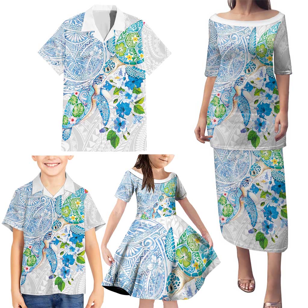 Hawaiian Couple Turtles Honi Family Matching Puletasi and Hawaiian Shirt Polynesian Art Motifs and Hibiscus White Blue Color - Polynesian Pride