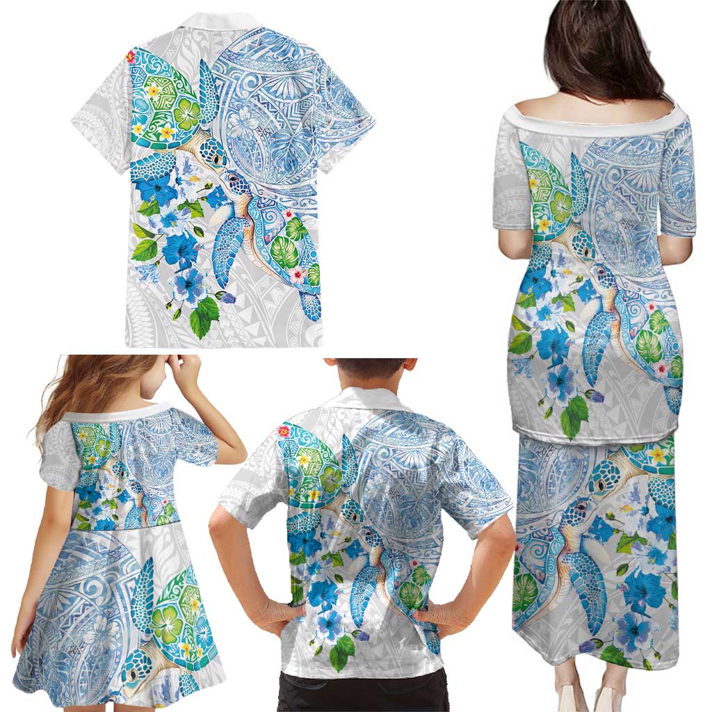 Hawaiian Couple Turtles Honi Family Matching Puletasi and Hawaiian Shirt Polynesian Art Motifs and Hibiscus White Blue Color - Polynesian Pride