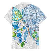 Hawaiian Couple Turtles Honi Family Matching Puletasi and Hawaiian Shirt Polynesian Art Motifs and Hibiscus White Blue Color - Polynesian Pride