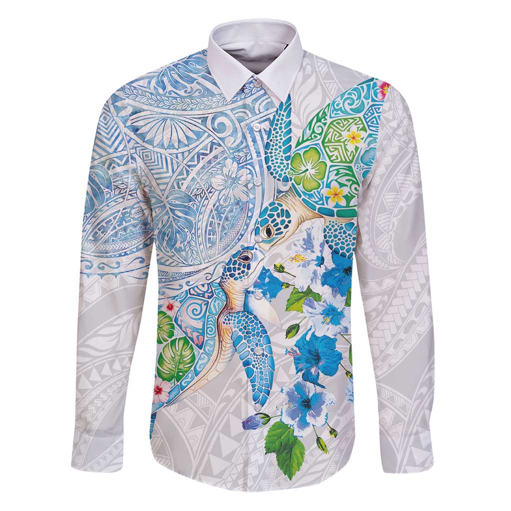 Hawaiian Couple Turtles Honi Family Matching Puletasi and Hawaiian Shirt Polynesian Art Motifs and Hibiscus White Blue Color - Polynesian Pride