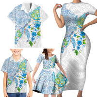Hawaiian Couple Turtles Honi Family Matching Short Sleeve Bodycon Dress and Hawaiian Shirt Polynesian Art Motifs and Hibiscus White Blue Color - Polynesian Pride