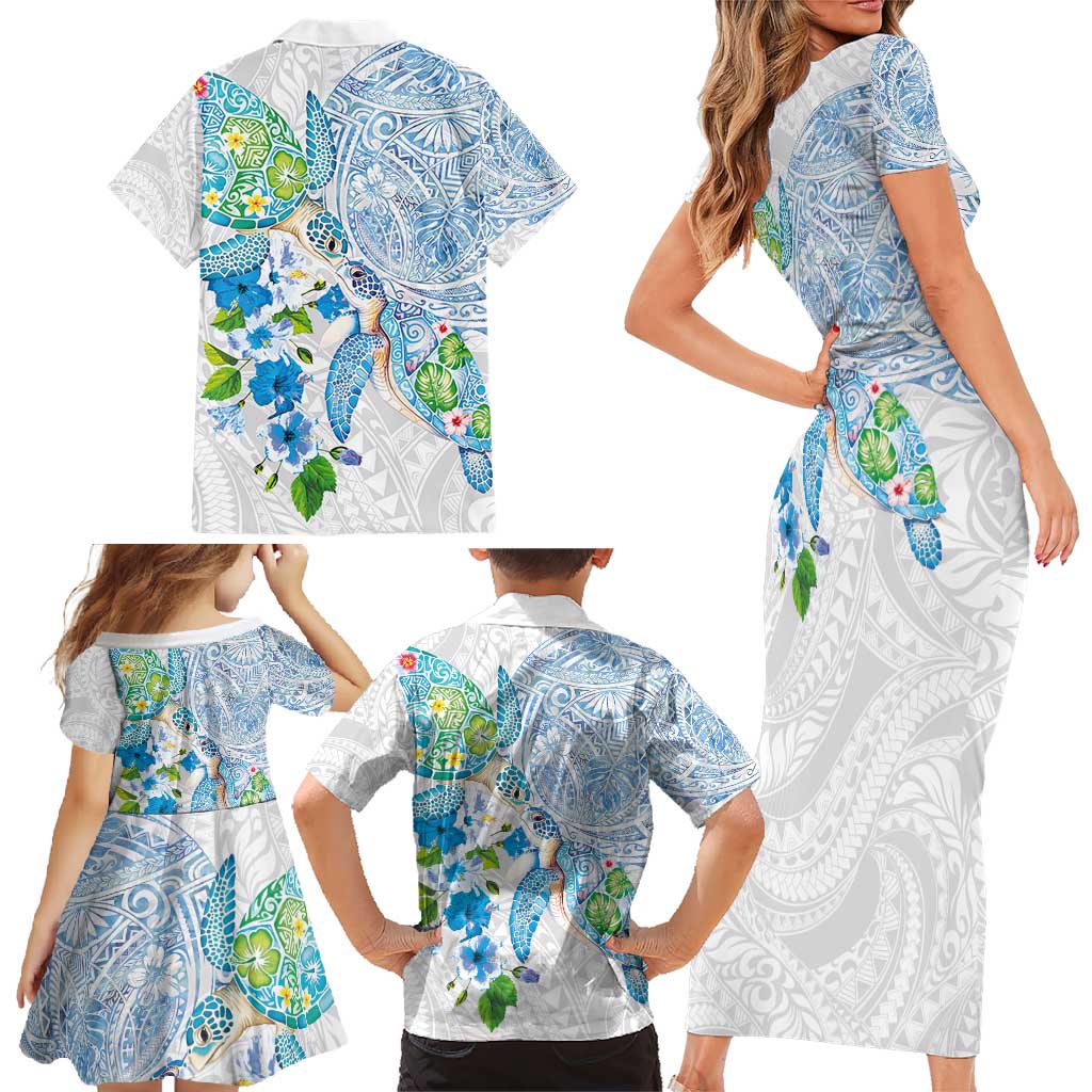 Hawaiian Couple Turtles Honi Family Matching Short Sleeve Bodycon Dress and Hawaiian Shirt Polynesian Art Motifs and Hibiscus White Blue Color - Polynesian Pride