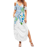Hawaiian Couple Turtles Honi Family Matching Summer Maxi Dress and Hawaiian Shirt Polynesian Art Motifs and Hibiscus White Blue Color - Polynesian Pride