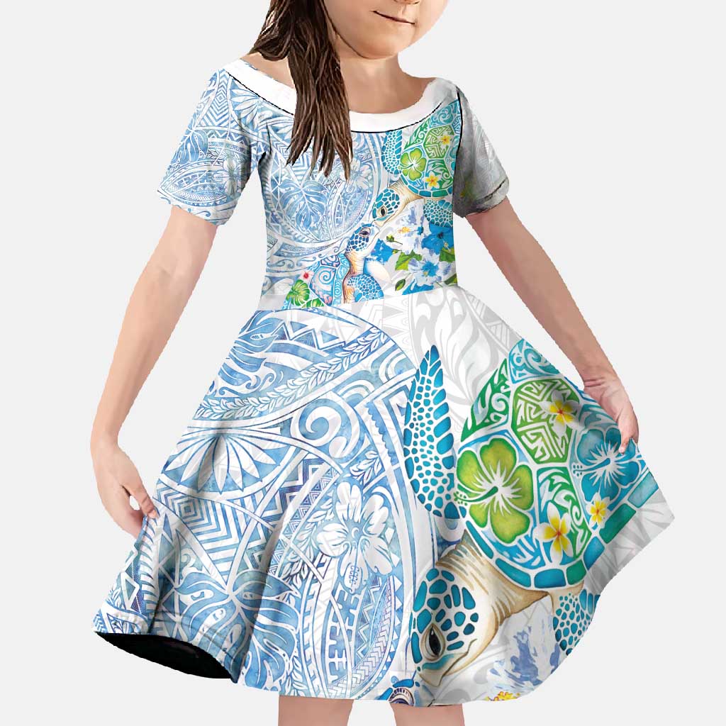 Hawaiian Couple Turtles Honi Family Matching Tank Maxi Dress and Hawaiian Shirt Polynesian Art Motifs and Hibiscus White Blue Color - Polynesian Pride