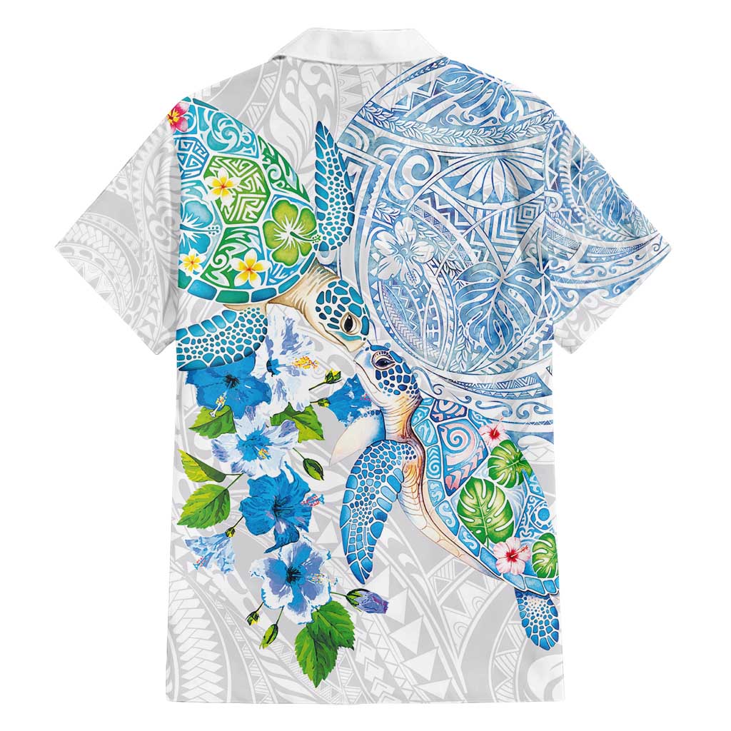 Hawaiian Couple Turtles Honi Family Matching Tank Maxi Dress and Hawaiian Shirt Polynesian Art Motifs and Hibiscus White Blue Color - Polynesian Pride